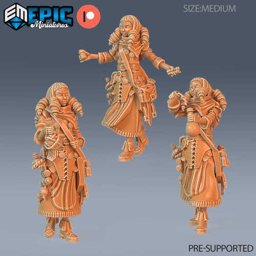 Alchemist Set of 3 DND Minis | Guild of Thieves Collection | TTRPG | Urban Waterdeep Eberron Ravnica Steampunk Netherdeep Female Artificer Option #1773 front DND miniature  16k resin