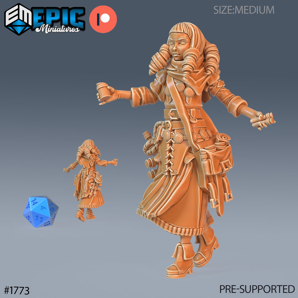 Alchemist Set of 3 DND Minis | Guild of Thieves Collection | TTRPG | Urban Waterdeep Eberron Ravnica Steampunk Netherdeep Female Artificer Option #1774 front DND miniature  16k resin