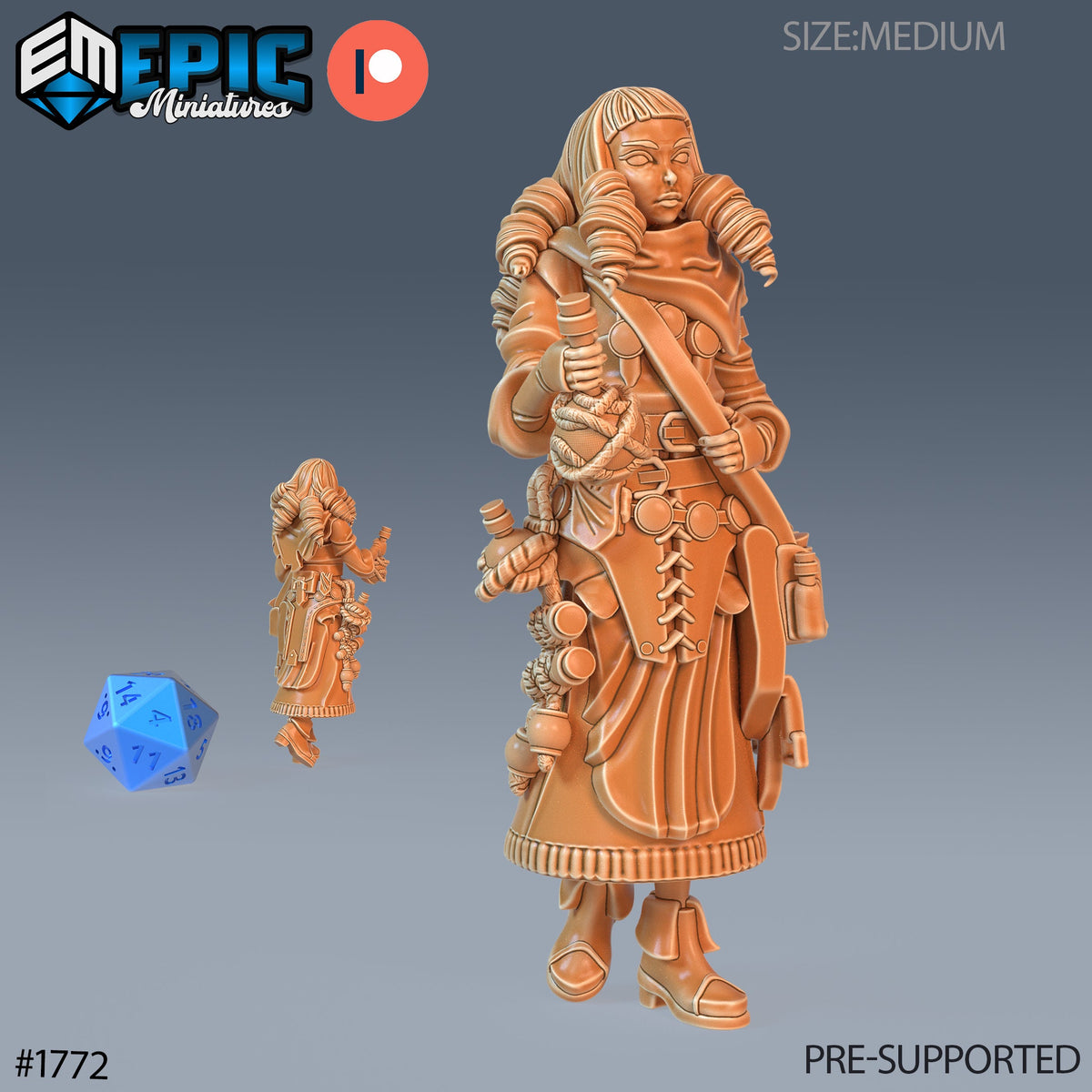 Alchemist Set of 3 DND Minis | Guild of Thieves Collection | TTRPG | Urban Waterdeep Eberron Ravnica Steampunk Netherdeep Female Artificer #2 in 40mm scale front DND miniature  16k resin