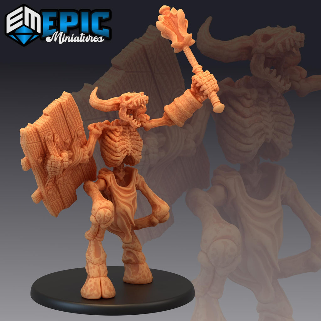 Minotaur Skeleton Mace & Shield front DND miniature Restless Bones 16k resin