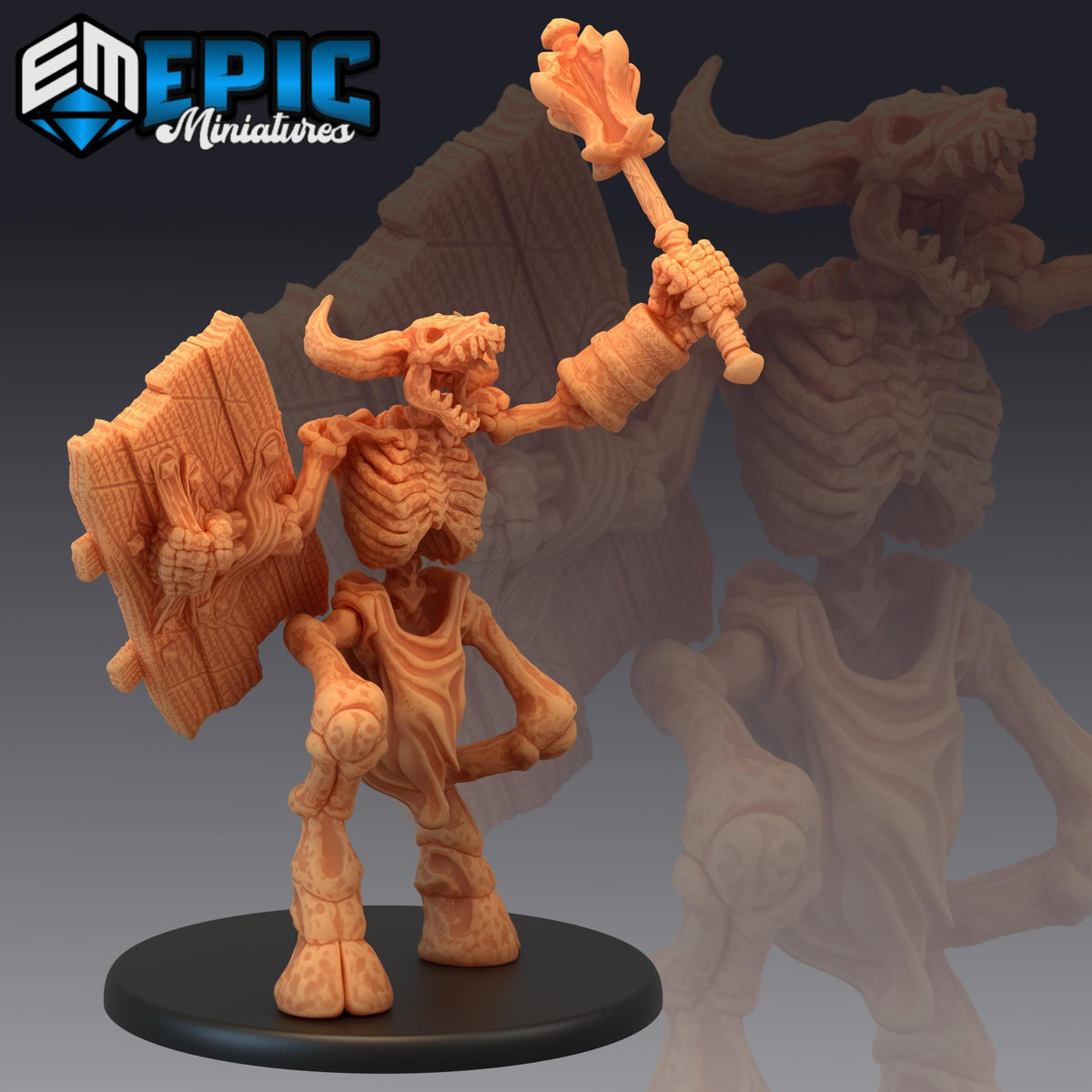 Minotaur Skeleton Mace & Shield front DND miniature Restless Bones 16k resin