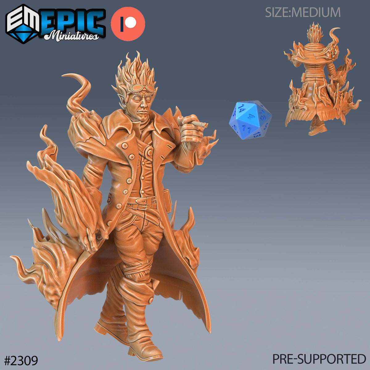 Fire Genasi Adventurer Option #2310 front DND miniature Arcane Dungeon 16k resin