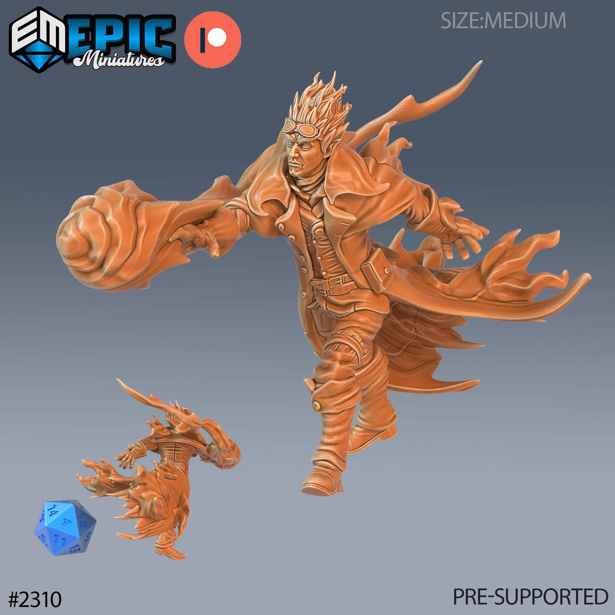 Fire Genasi Adventurer Option #2311 front DND miniature Arcane Dungeon 16k resin