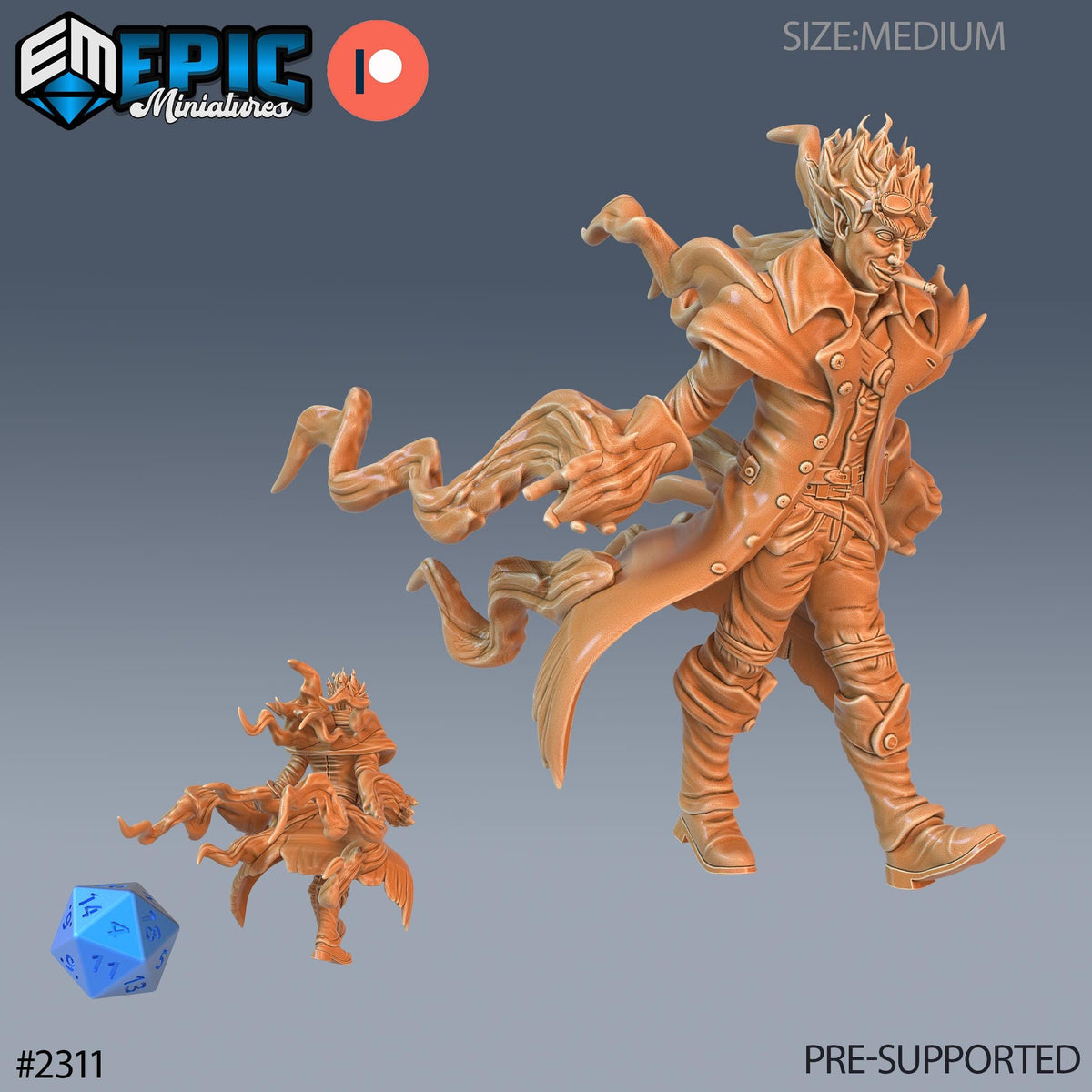 Fire Genasi Adventurer Option #2312 front DND miniature Arcane Dungeon 16k resin
