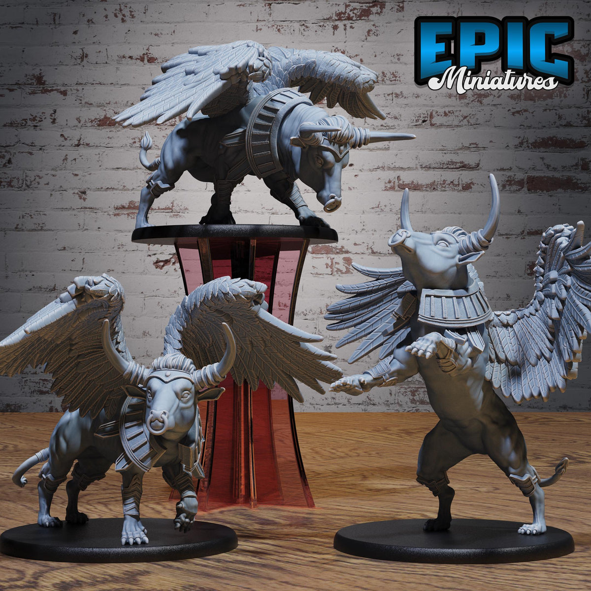 Winged Red Bull Beast Set of 3 DND miniatures group photo Death Desert