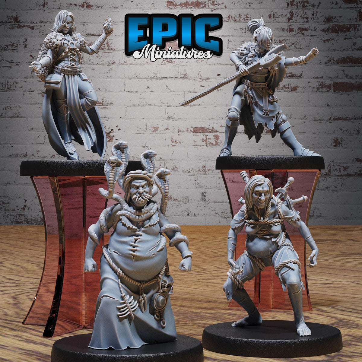 Witch Coven Set of 8 DND Minis | Witch Forest Collection | TTRPG | Witchlight Hourglass Frostmaiden Cthulhu Mork Borg Hag Sorceress Feywild Option #5615 front DND miniature  16k resin