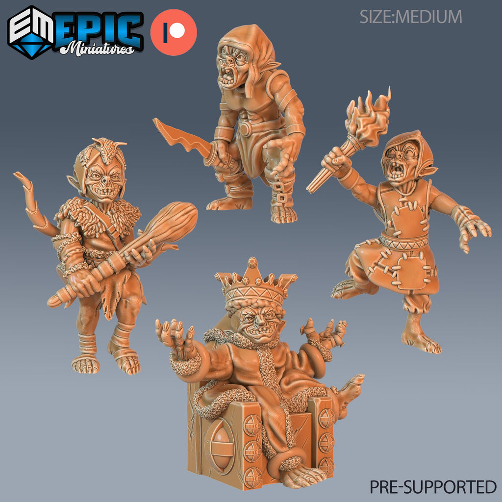 Goblin Set of 8 DND Minis | Monster Rampage Collection | TTRPG | Archer Warrior King Ranger Chult Tomb of Annihilation Wildemount Option #359 front DND miniature  16k resin