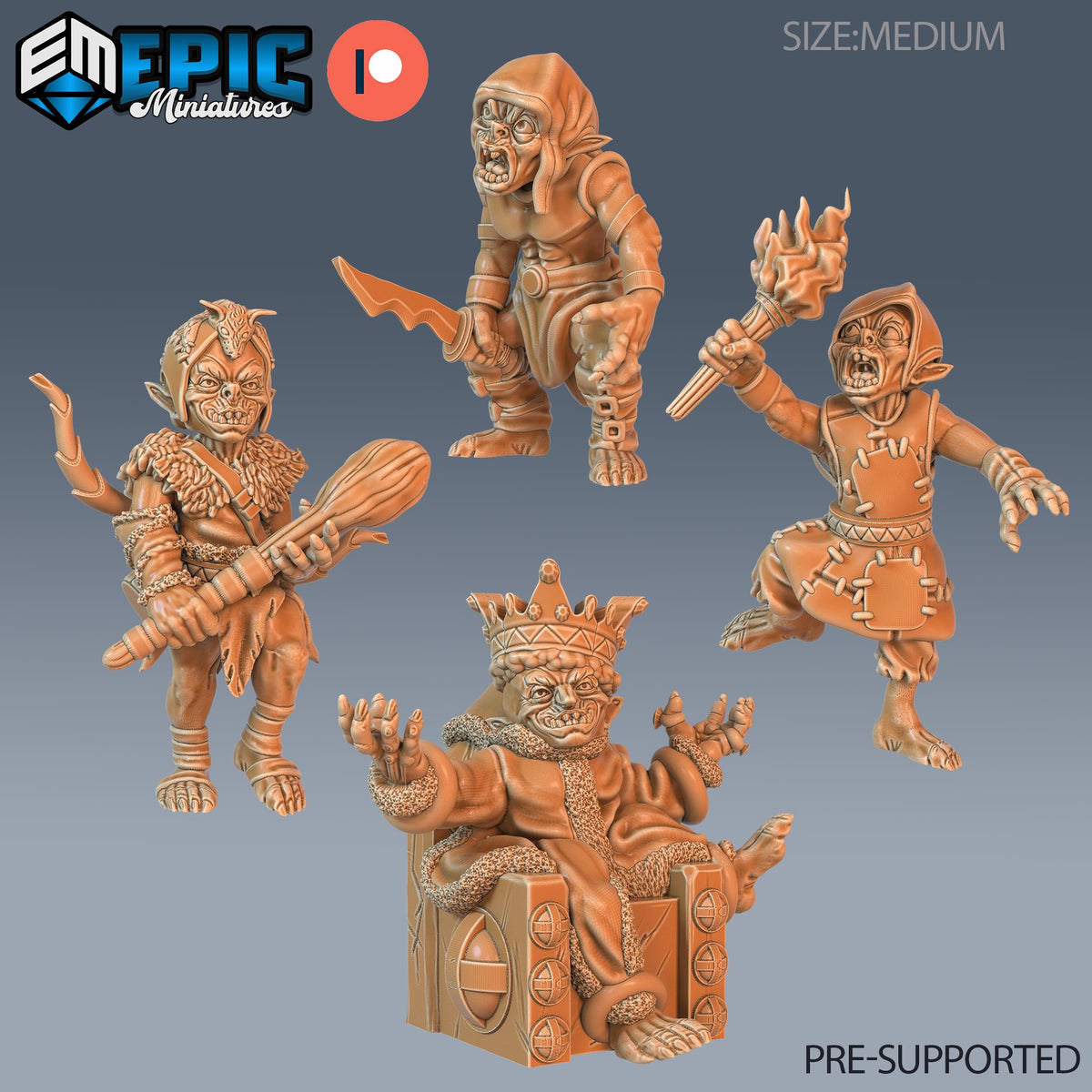 Goblin Set of 8 DND Minis | Monster Rampage Collection | TTRPG | Archer Warrior King Ranger Chult Tomb of Annihilation Wildemount Option #359 front DND miniature  16k resin