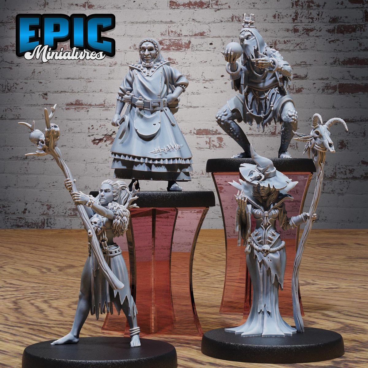 Witch Coven Set of 8 DND Minis | Witch Forest Collection | TTRPG | Witchlight Hourglass Frostmaiden Cthulhu Mork Borg Hag Sorceress Feywild DND miniatures group photo