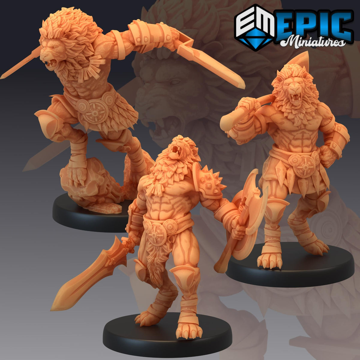 Tabaxi Lion Warrior Set of 3 DND Minis | Last Rebellion Collection | TTRPG | Waterdeep Exandria Tiamat Curse Strahd Catfolk DND miniatures group photo