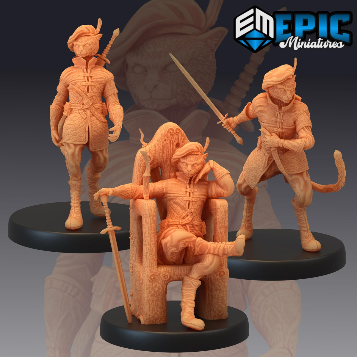 Tabaxi Black Cat Set of 3 DND Minis | Last Rebellion Collection | TTRPG | Waterdeep Exandria Tiamat Curse Strahd Catfolk DND miniatures group photo