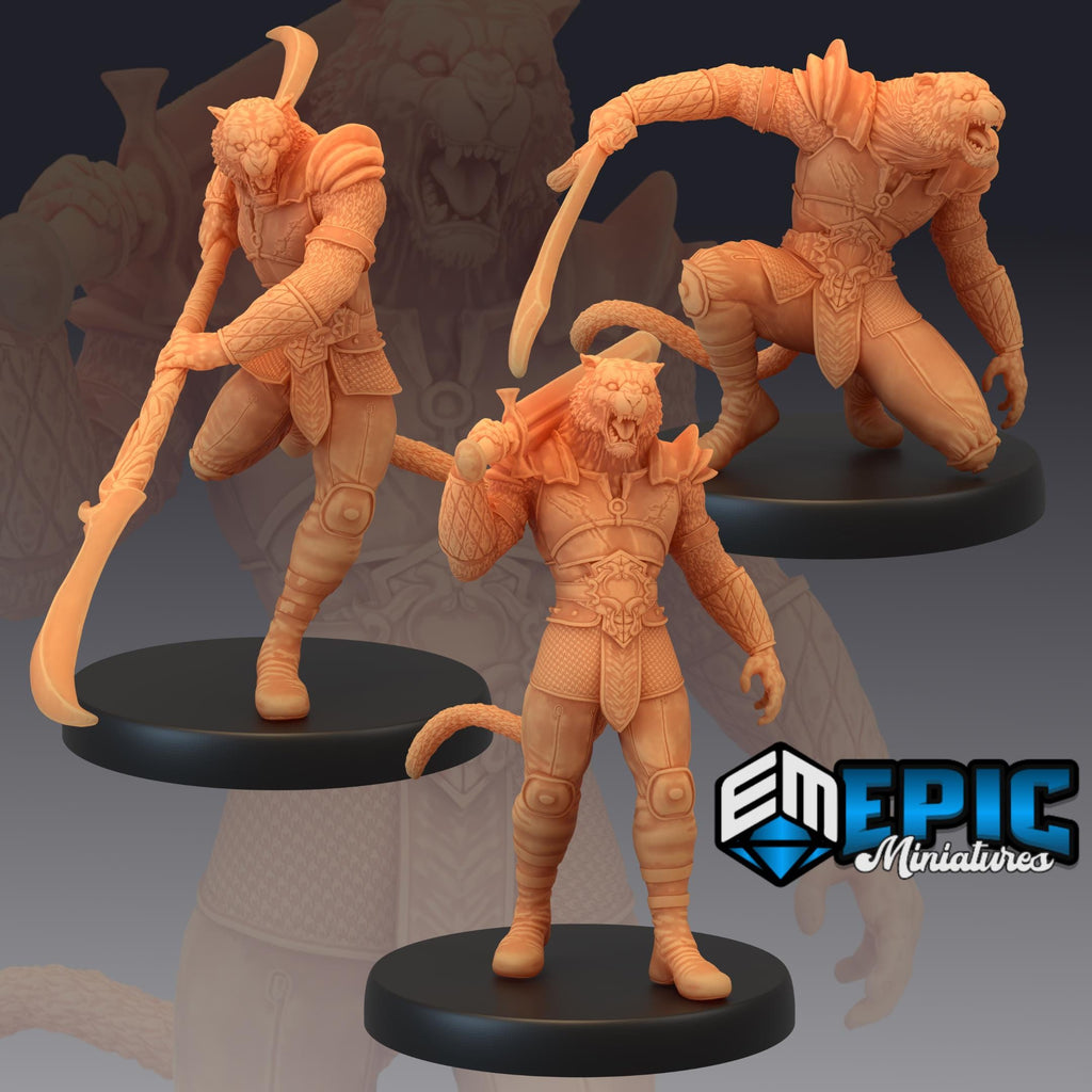 Tabaxi Tiger General Set of 3 DND Minis | Last Rebellion Collection | TTRPG | Waterdeep Exandria Tiamat Curse Strahd Catfolk DND miniatures group photo