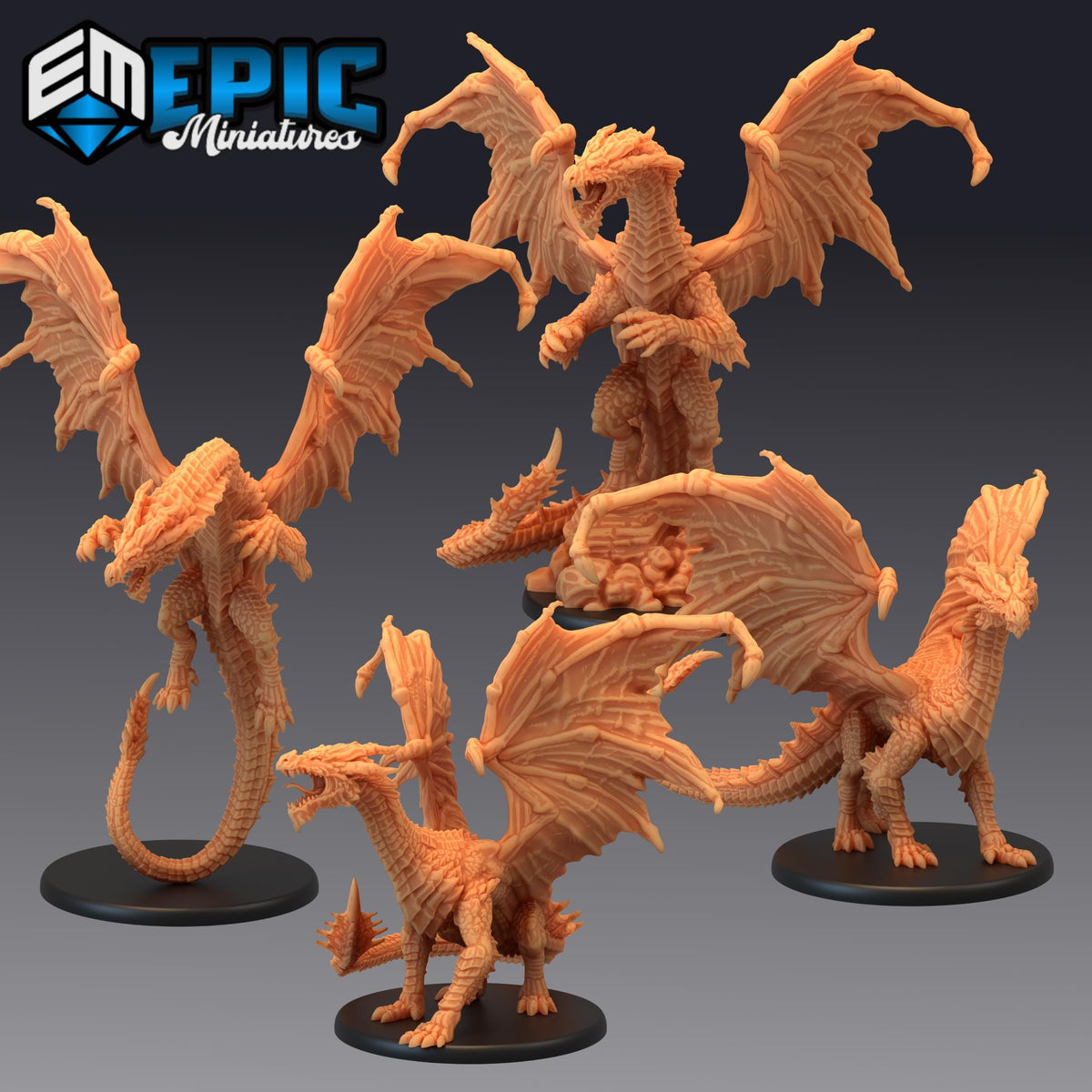 Yellow Dragon Set of 3 DND Minis | Last Rebellion Collection | TTRPG | Waterdeep Exandria Tiamat Curse Strahd DND miniatures group photo