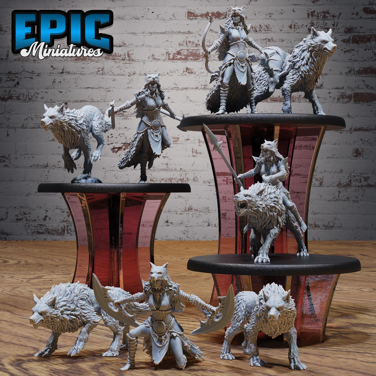 Wolf Spirit Huntress Set of 4 DND miniatures group photo Native Magic