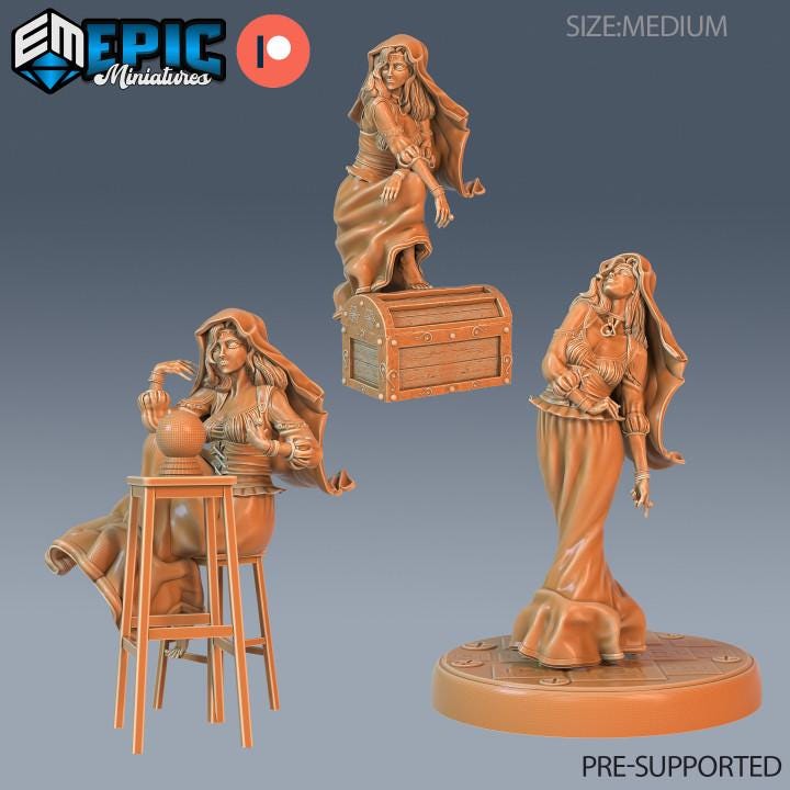 Fortune Teller Set of 3 DND Miniatures Dungeons and Dragons Resin 3d Printed gypsy DND miniatures group photo