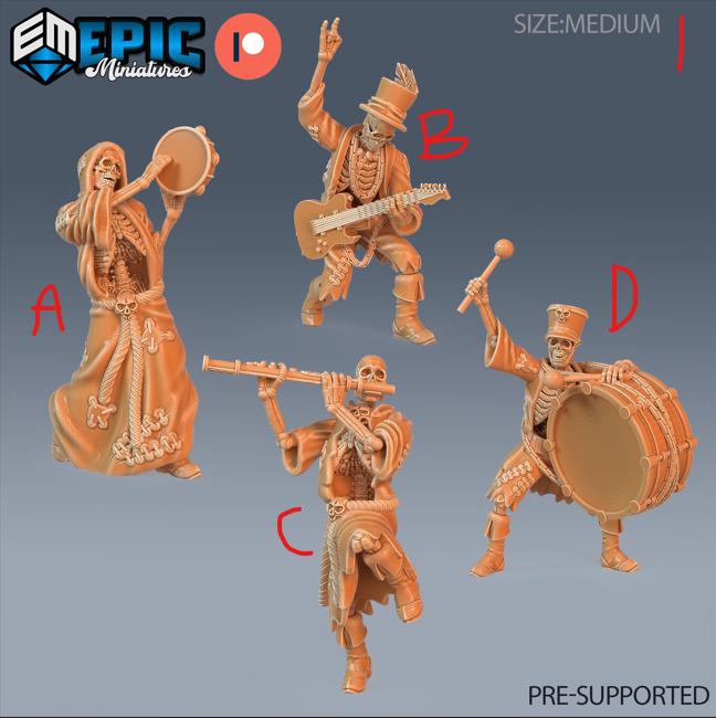 Skeleton Musician Group 1 all front DND miniature Haunting Catacombs 16k resin