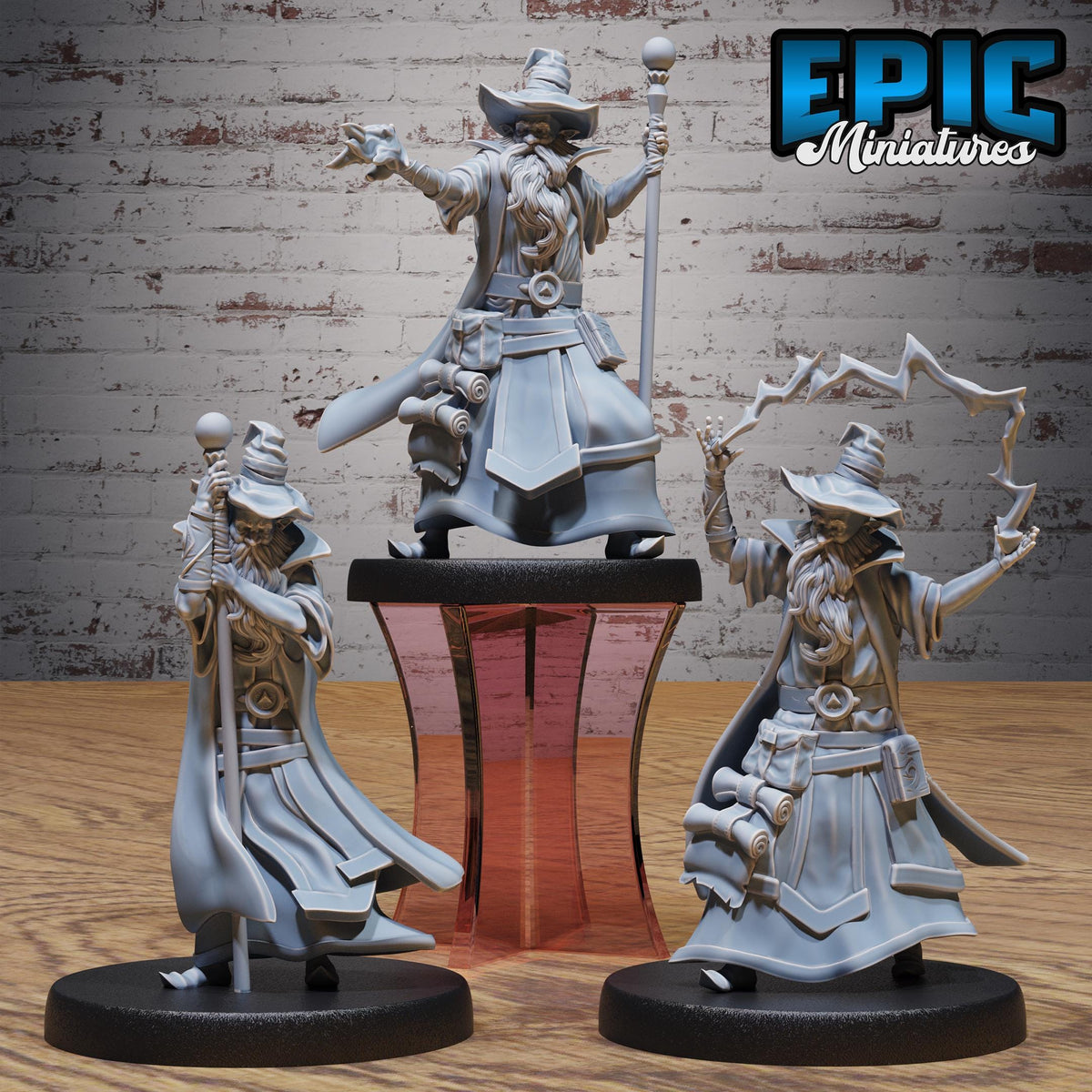 Old Wizard Set of 3 DND miniatures group photo Magical Library