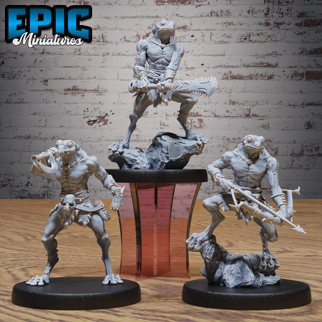 Frog Folk Hunter Set of 3 and 6 DND miniatures group photo Primal Jungle