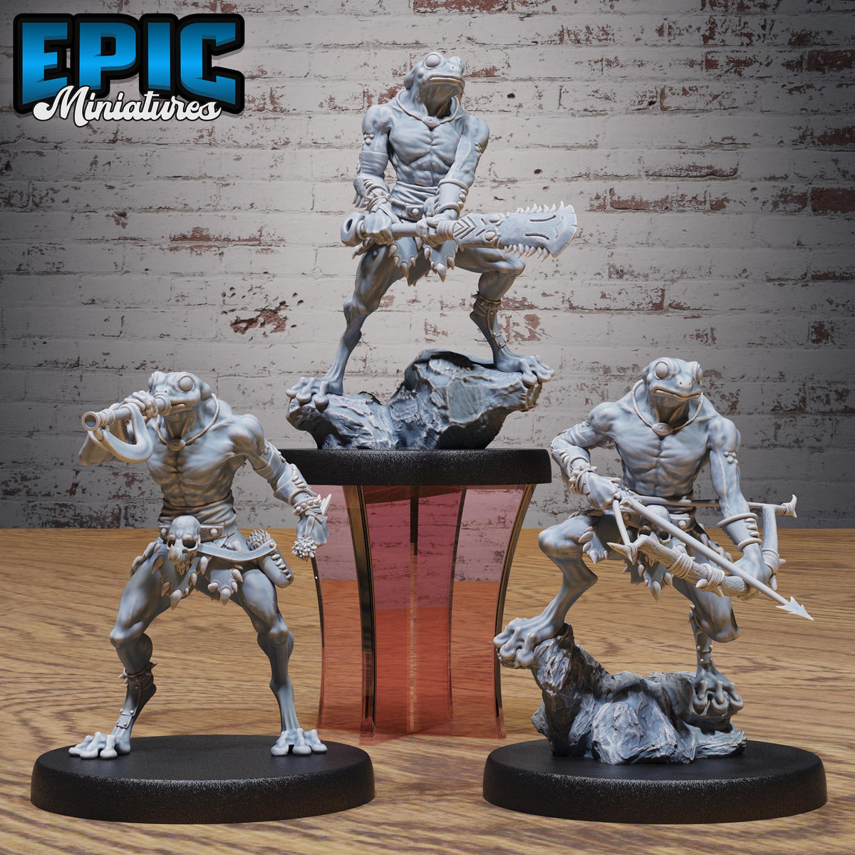 Frog Folk Hunter Set of 3 and 6 DND miniatures group photo Primal Jungle