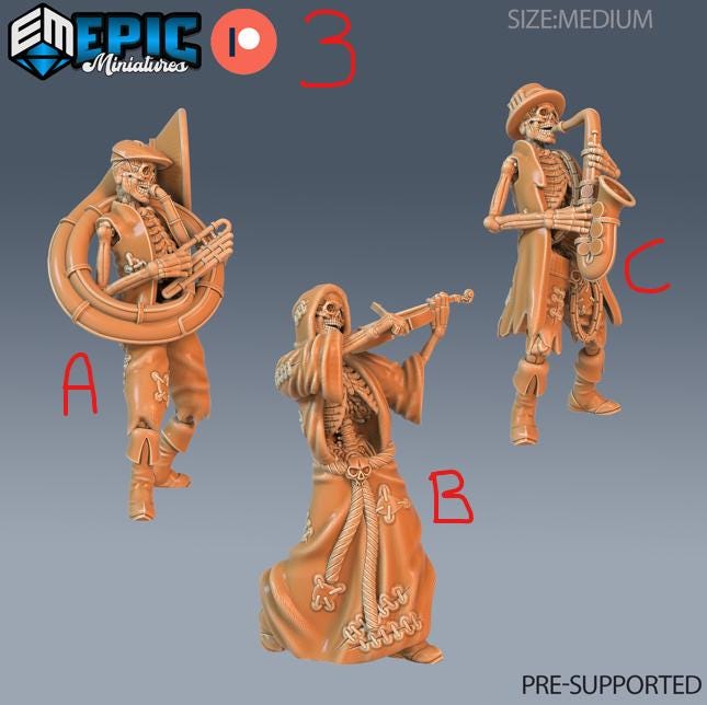 Skeleton Musician Group 1 B front DND miniature Haunting Catacombs 16k resin