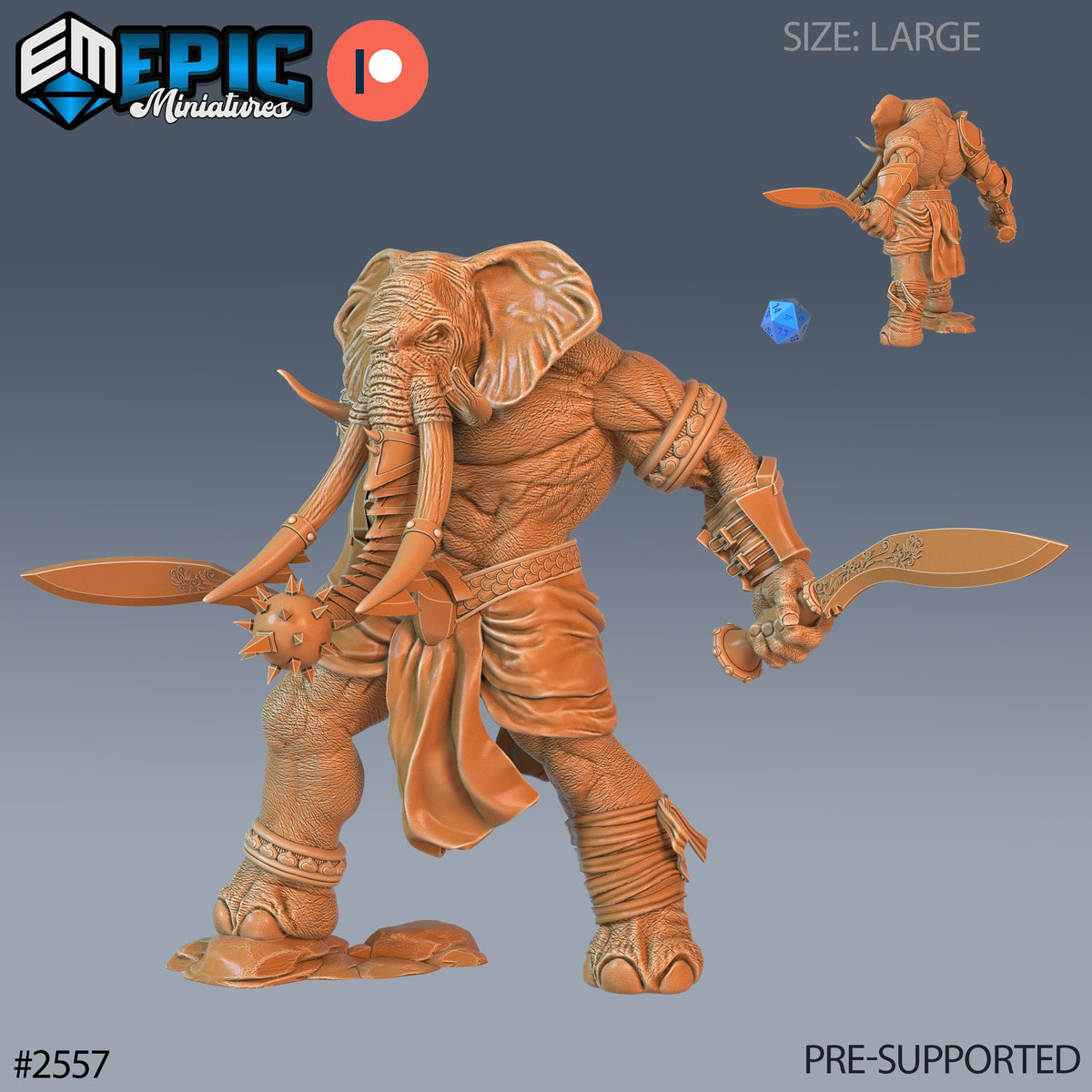 Elephant Folk Barbarian Option #2557 front DND miniature Forgotten Utopia 16k resin