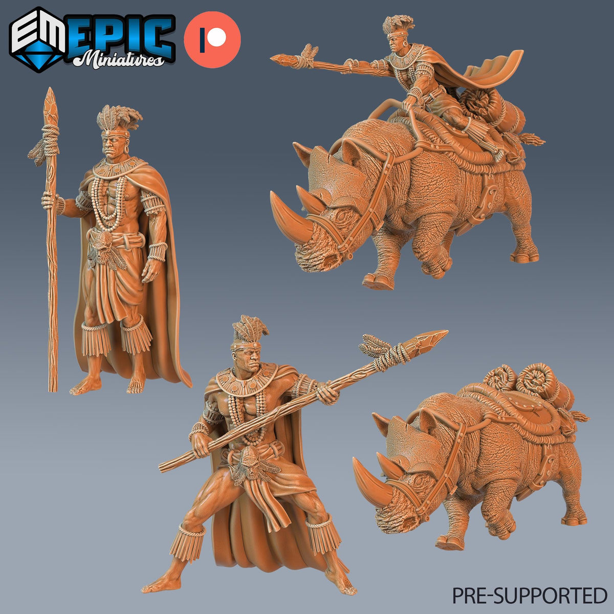 Spear Warrior and Rhino Rider Set of 4 DND miniatures group photo Forgotten Utopia