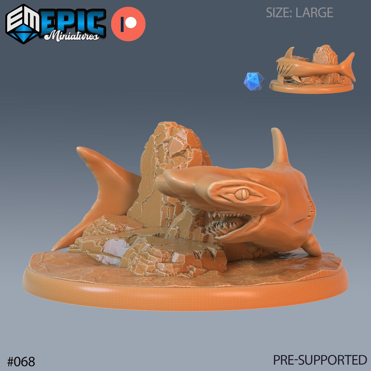 Shark Set of 3 DND Minis | Endless Depth Collection | TTRPG | Nautical Ocean Chult Sahuagin Crushing Wave Maelstrom Great White Hammerhead Option #068 front DND miniature  16k resin