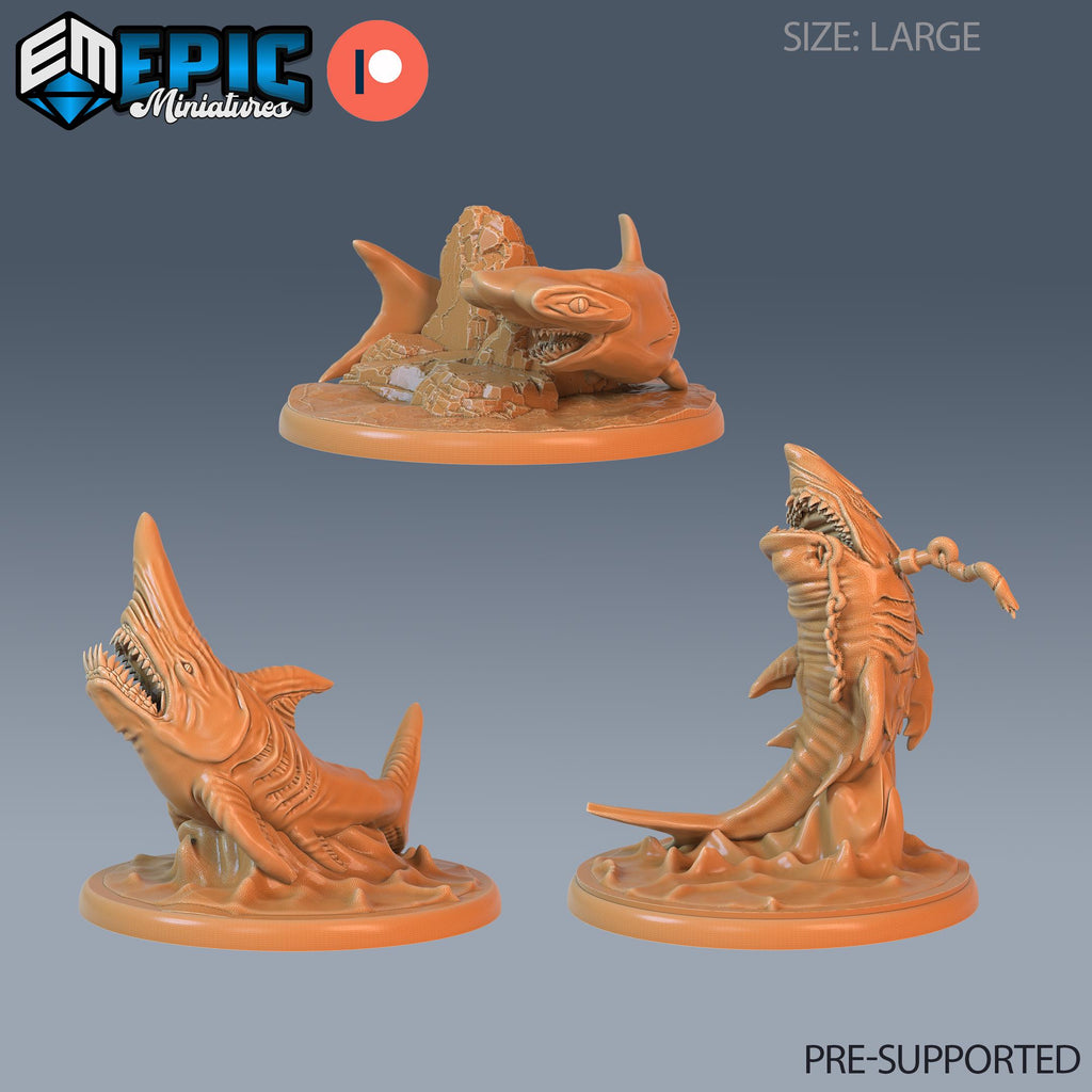 Shark Set of 3 DND Minis | Endless Depth Collection | TTRPG | Nautical Ocean Chult Sahuagin Crushing Wave Maelstrom Great White Hammerhead DND miniatures group photo