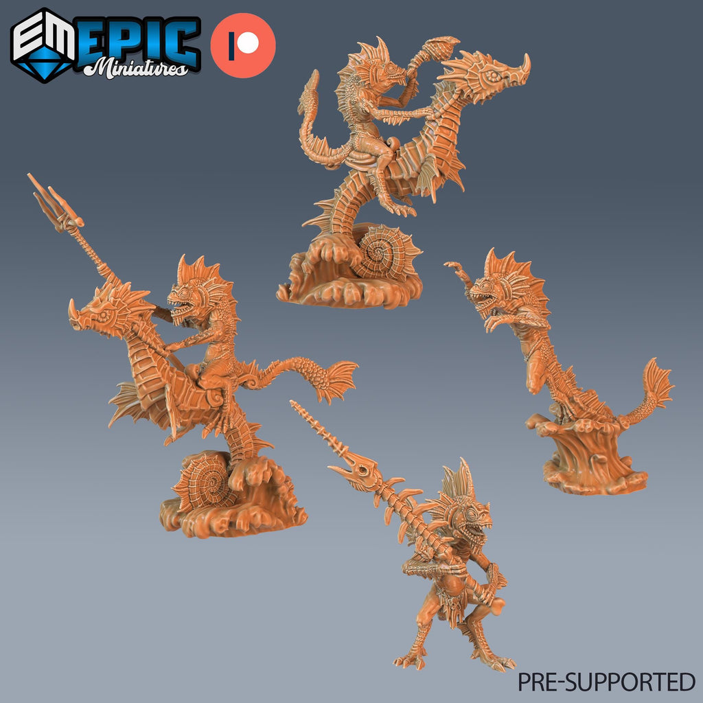 Fishfolk Set of 4 DND Minis | Endless Depth Collection | TTRPG | Sea Nautical Ocean Chult Sahuagin Crushing Wave Maelstrom Rider Trident DND miniatures group photo
