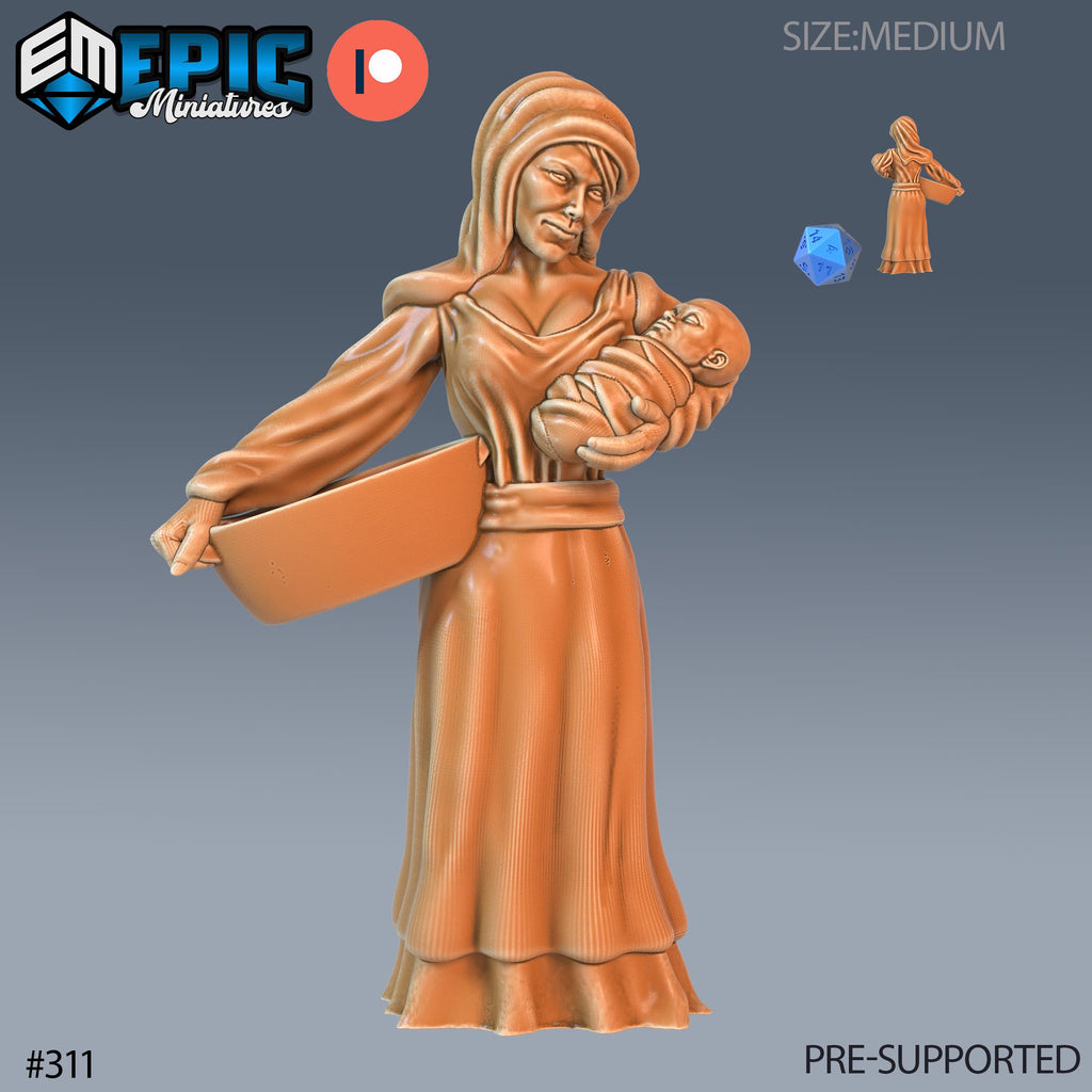 Villager Set of 16 DND Minis | Villager Collection | TTRPG | Blacksmith Innkeeper Waitress Farmer Huntress Shepherd Merchant Jester Priest Mother front DND miniature  16k resin