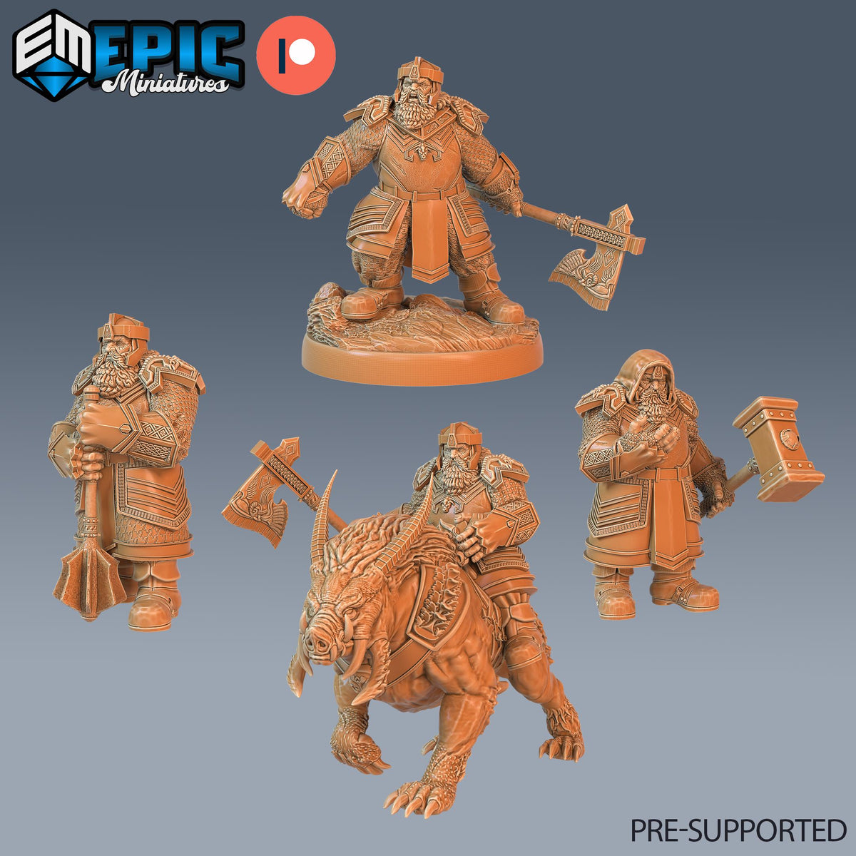 Nordic Dwarf Set of 4 DND Minis | Arctic Nights Collection | TTRPG | Storm King's Thunder Netherdeep | Cavalry Hammer Mace Axe Boar DND miniatures group photo