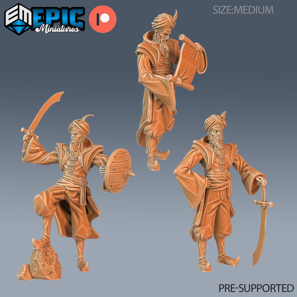Grand Vizier Set of 3 DND Minis | Mythical Desert Collection | TTRPG | Athas Al Qadim Osirion Oasis Wastes | Treasure Hunt Map Sword Shield DND miniatures group photo