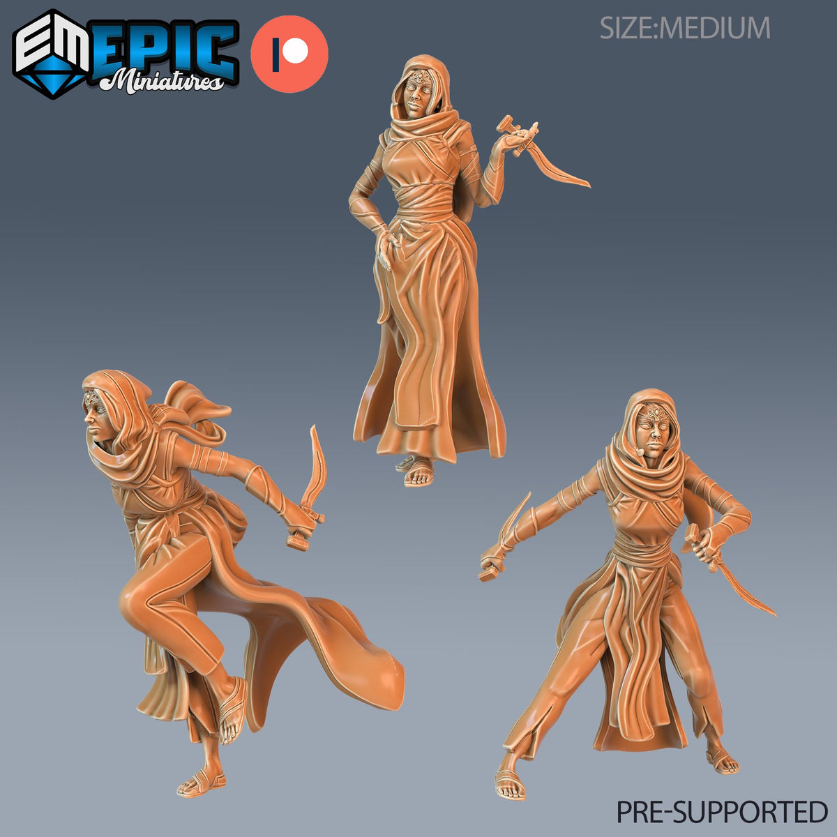 Vizier's Assassin Set of 3 DND Minis | Mythical Desert Collection | TTRPG | Athas Al Qadim Osirion Oasis Wastes | Female Dagger DND miniatures group photo