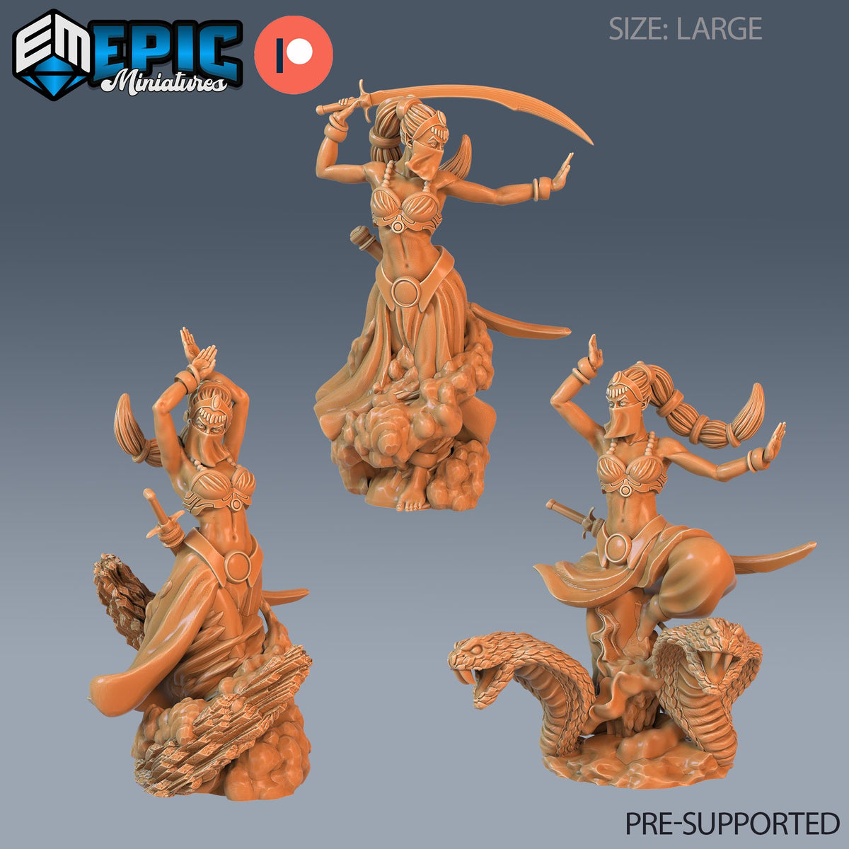 Dao Set of 3 DND Minis | Mythical Desert Collection | TTRPG | Athas Al Qadim Osirion Oasis Wastes | Female Genie Djinn Magic Saber Sword DND miniatures group photo