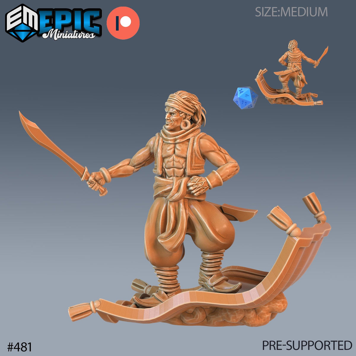 Aladdin Set of 3 DND Minis | Mythical Desert Collection | TTRPG | Athas Al Qadim Osirion Oasis Wastes | Flying Carpet Lamp Sword Option #481 front DND miniature  16k resin