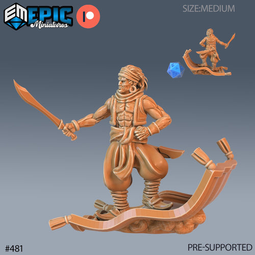 Aladdin Set of 3 DND Minis | Mythical Desert Collection | TTRPG | Athas Al Qadim Osirion Oasis Wastes | Flying Carpet Lamp Sword Option #481 front DND miniature  16k resin
