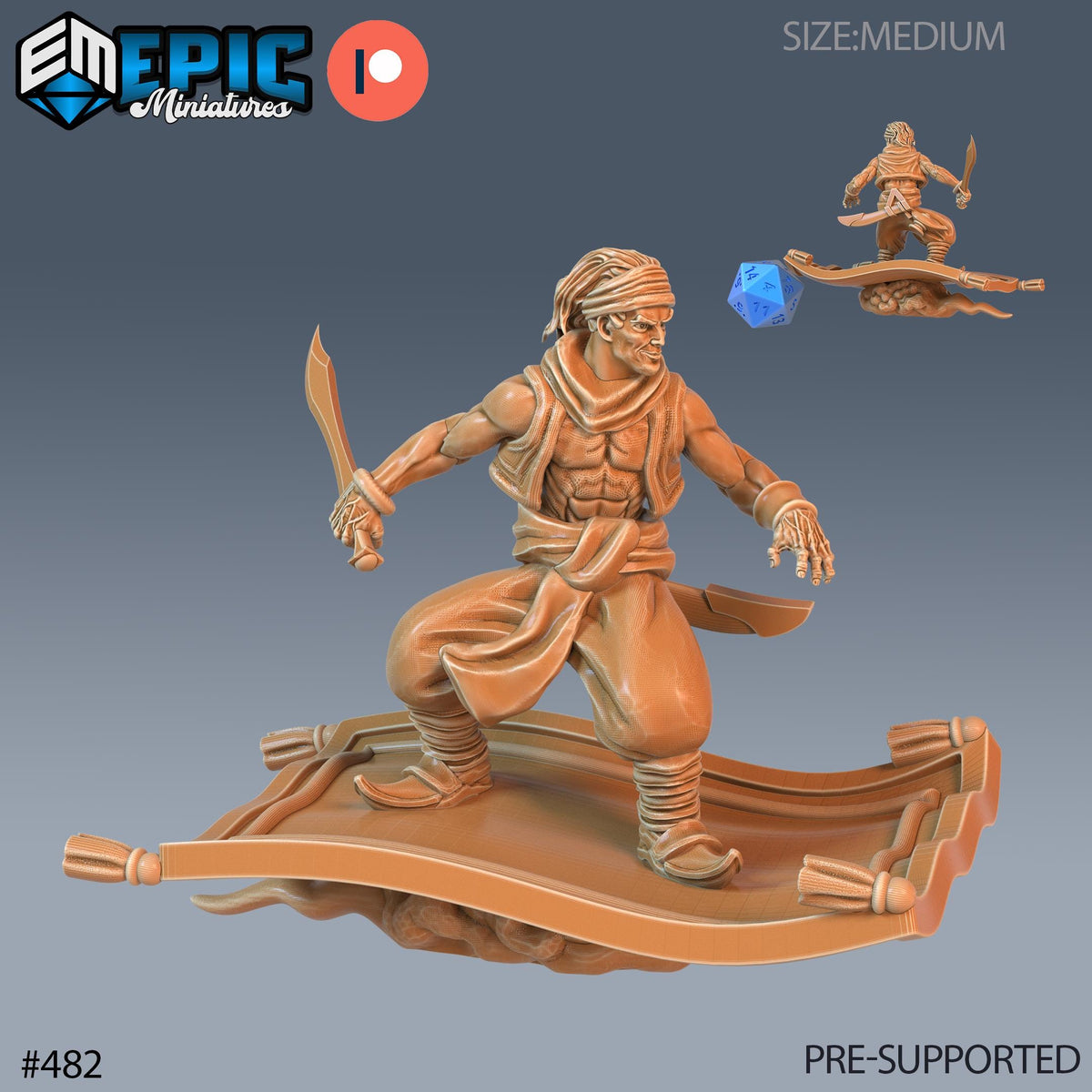 Aladdin Set of 3 DND Minis | Mythical Desert Collection | TTRPG | Athas Al Qadim Osirion Oasis Wastes | Flying Carpet Lamp Sword Option #482 front DND miniature  16k resin