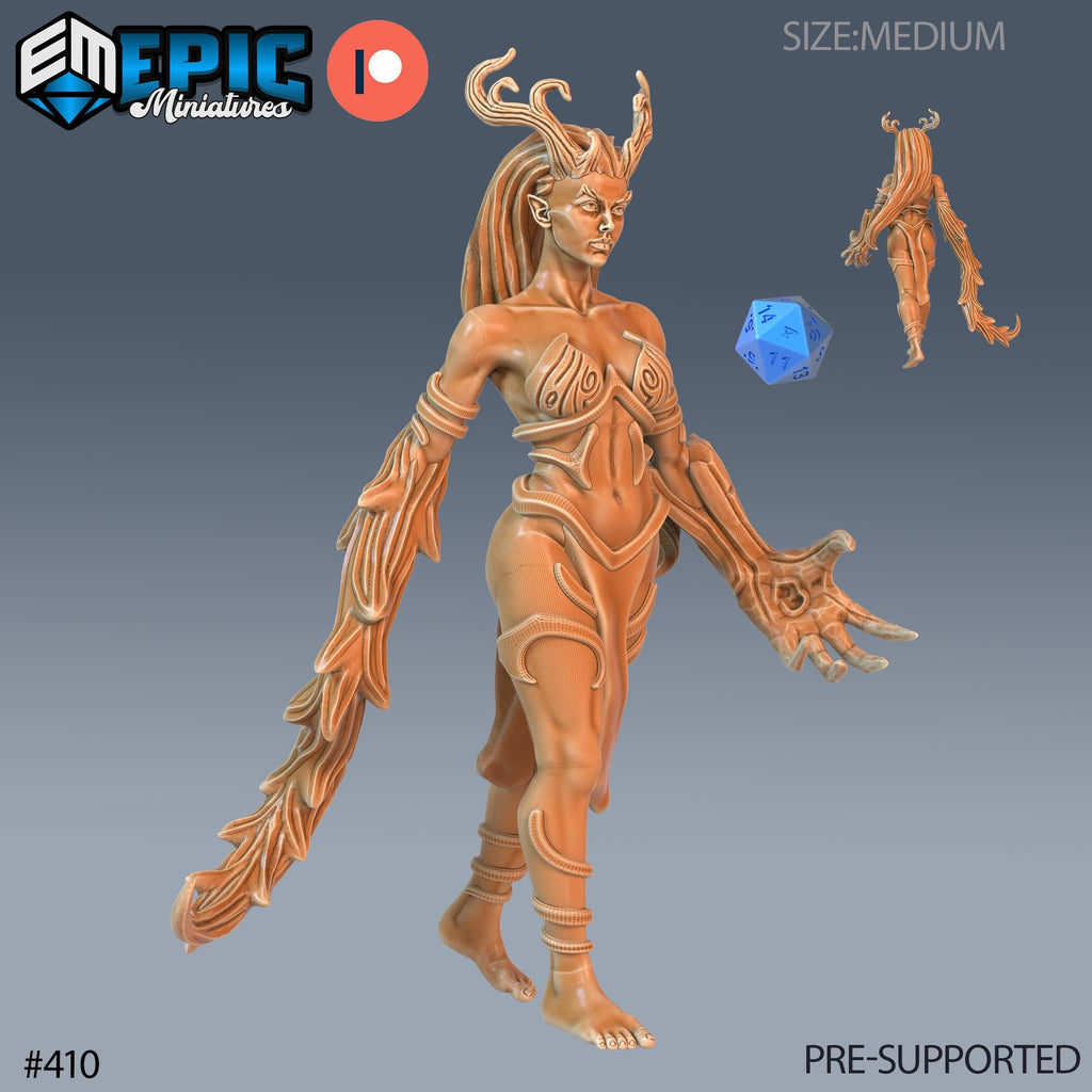 Dryad Set of 3 DND Minis | Fey Woods Collection | TTRPG | Barovia Wildemount Exandria Corrupted Kingmaker Folklore | Transform Bow Nature Option #410 front DND miniature  16k resin