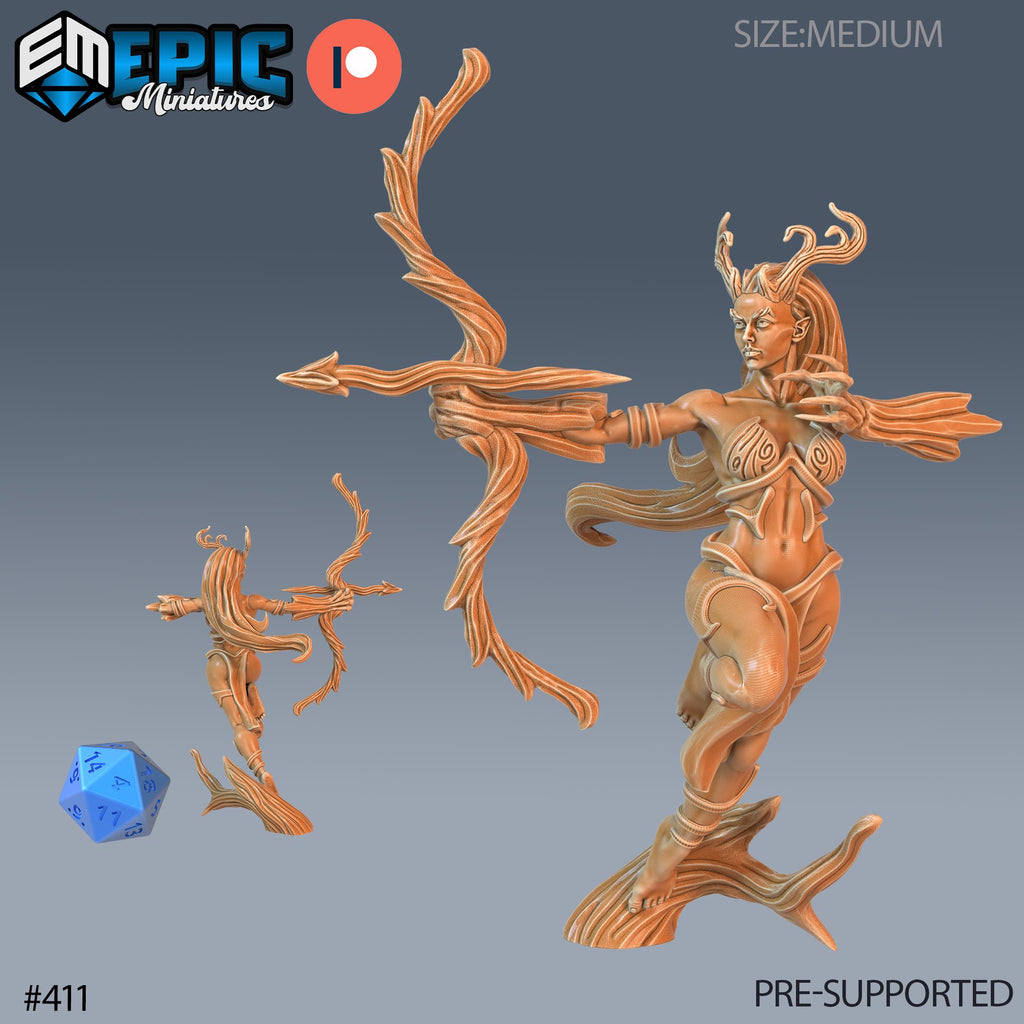 Dryad Set of 3 DND Minis | Fey Woods Collection | TTRPG | Barovia Wildemount Exandria Corrupted Kingmaker Folklore | Transform Bow Nature Option #411 front DND miniature  16k resin