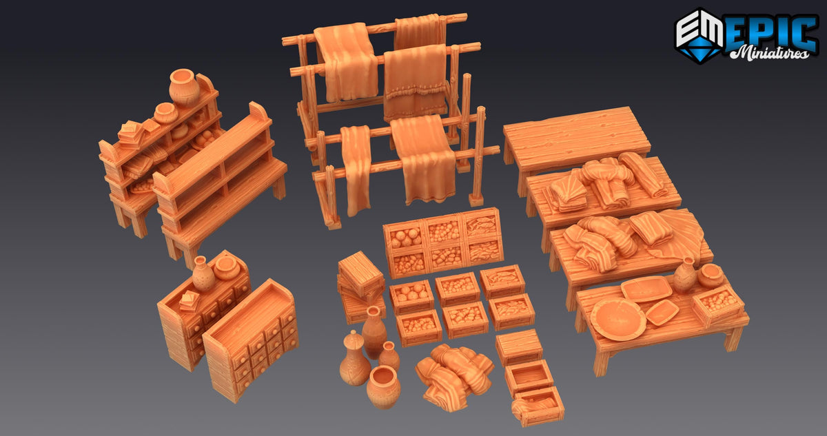 Merchant Shop Scatter Terrain Props DND Minis | Mythical Desert Collection | TTRPG | Athas Al Qadim Osirion Oasis Wastes | table box jars Option B front DND miniature  16k resin