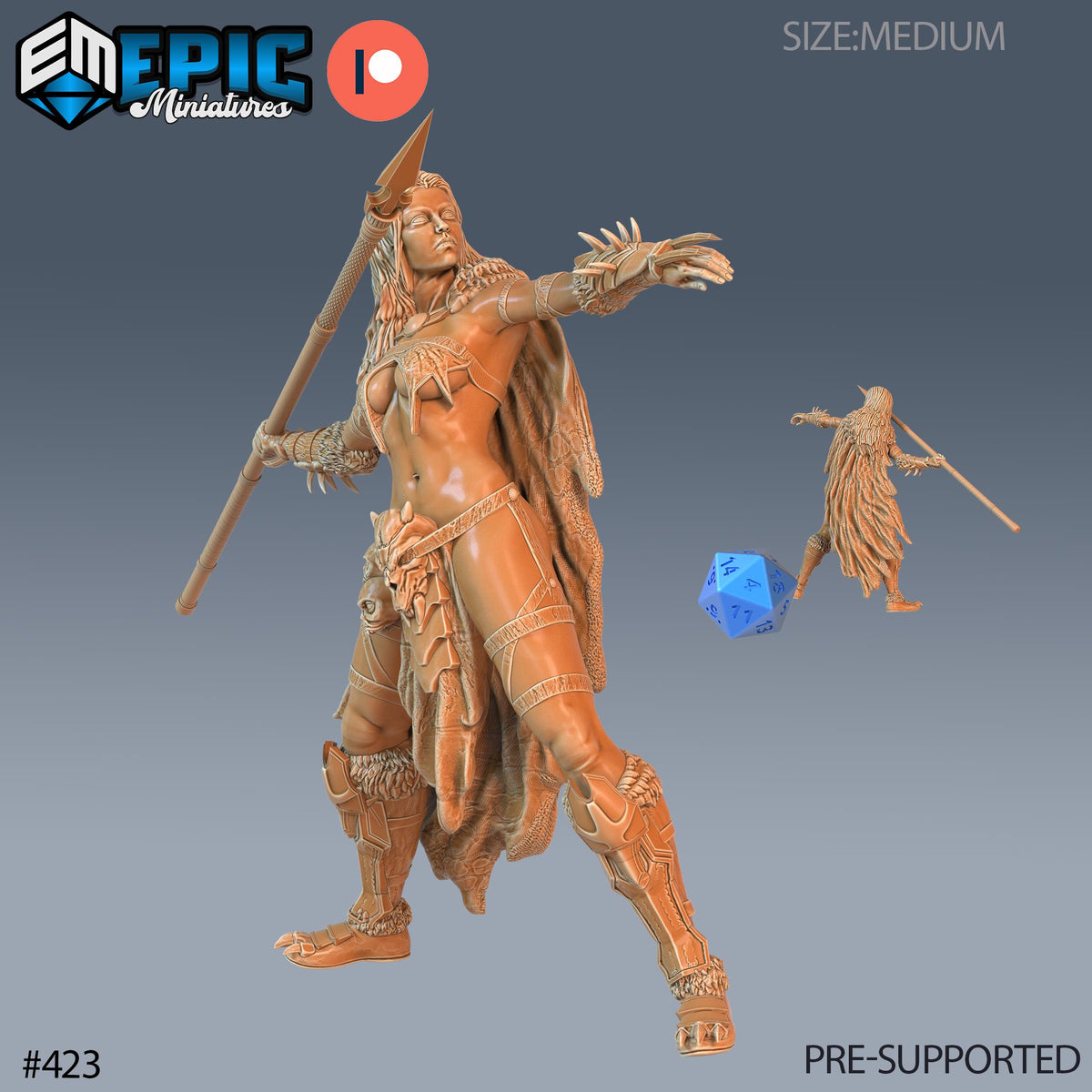 Amazon Set of 3 DND Minis | Fey Woods Collection | TTRPG Barovia Wildemount Exandria Corrupted Kingmaker Folklore Warrior Archer Spearwoman Option #423 front DND miniature  16k resin