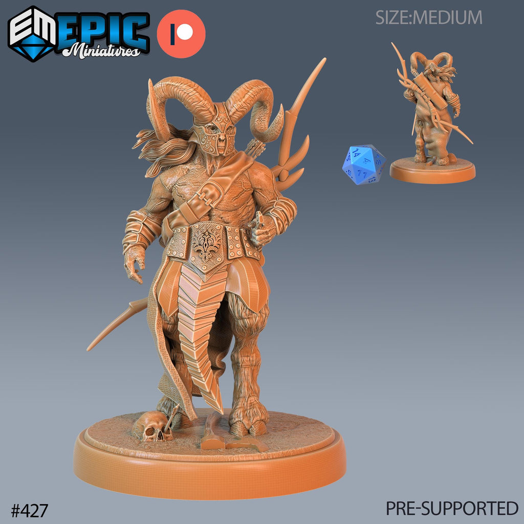 Satyr Armored Set of 3 DND Minis | Fey Woods Collection | TTRPG Barovia Wildemount Exandria Corrupted Kingmaker Folklore | Ram Bow Fighting Option #427 front DND miniature  16k resin