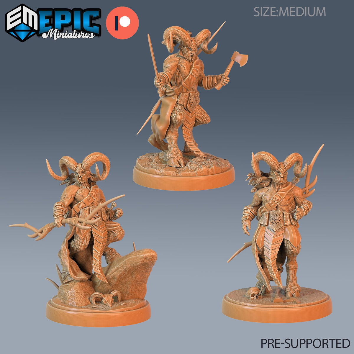 Satyr Armored Set of 3 DND Minis | Fey Woods Collection | TTRPG Barovia Wildemount Exandria Corrupted Kingmaker Folklore | Ram Bow Fighting DND miniatures group photo