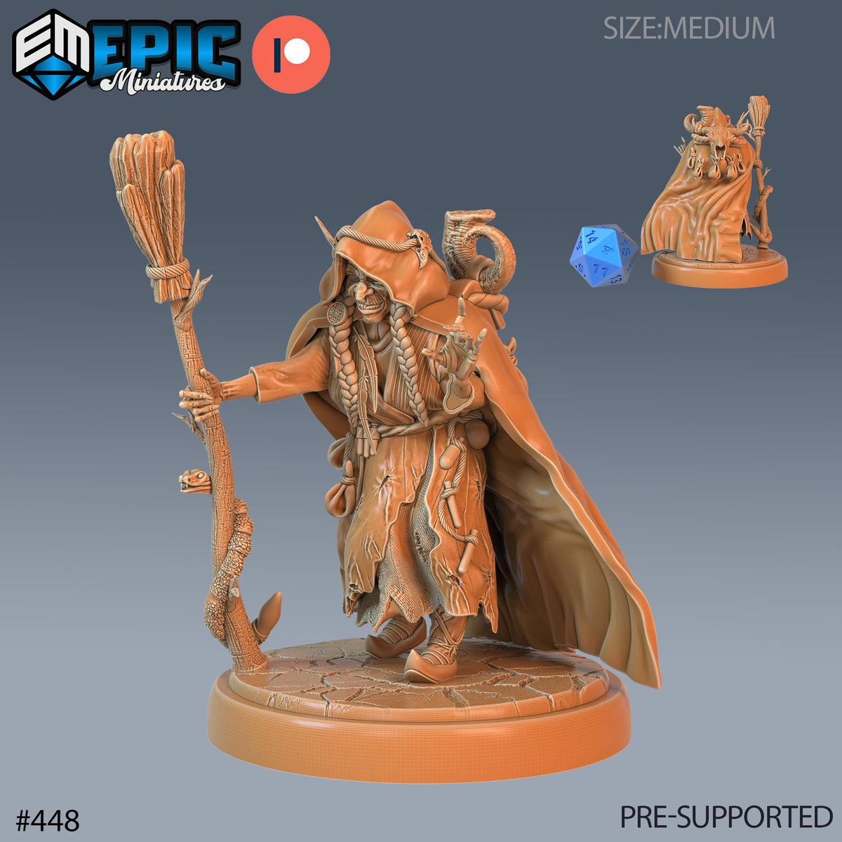 Baba Yaga Witch Set of 3 DND Minis | Fey Woods Collection TTRPG Barovia Wildemount Exandria Corrupted Kingmaker Folklore Mortar Pestle Broom Option #448 front DND miniature  16k resin