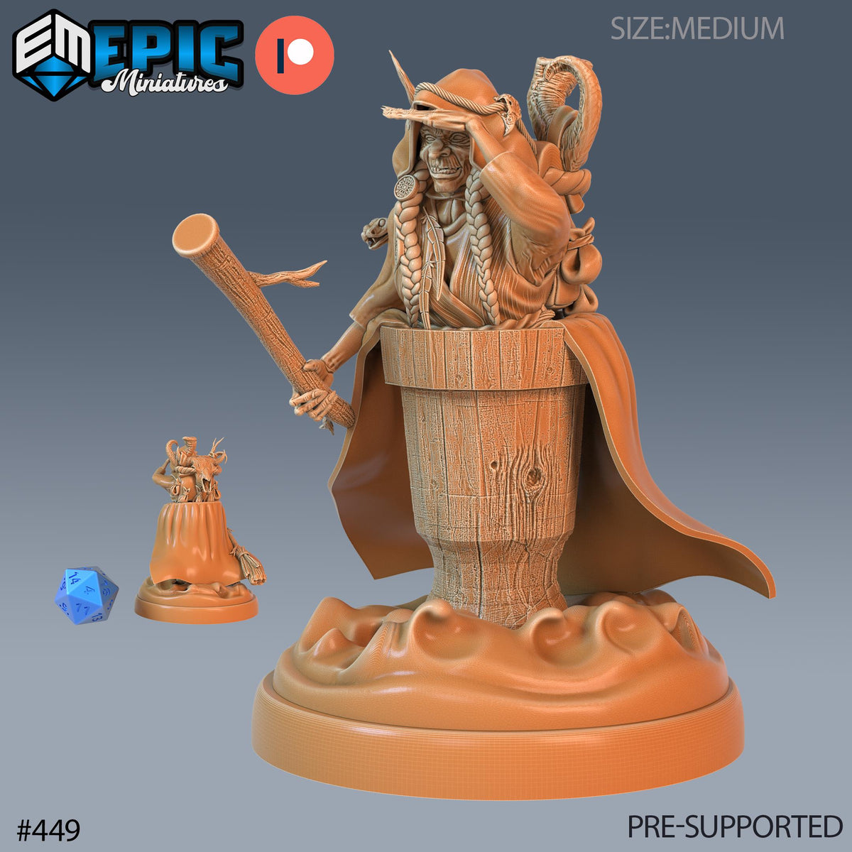 Baba Yaga Witch Set of 3 DND Minis | Fey Woods Collection TTRPG Barovia Wildemount Exandria Corrupted Kingmaker Folklore Mortar Pestle Broom Option #449 front DND miniature  16k resin