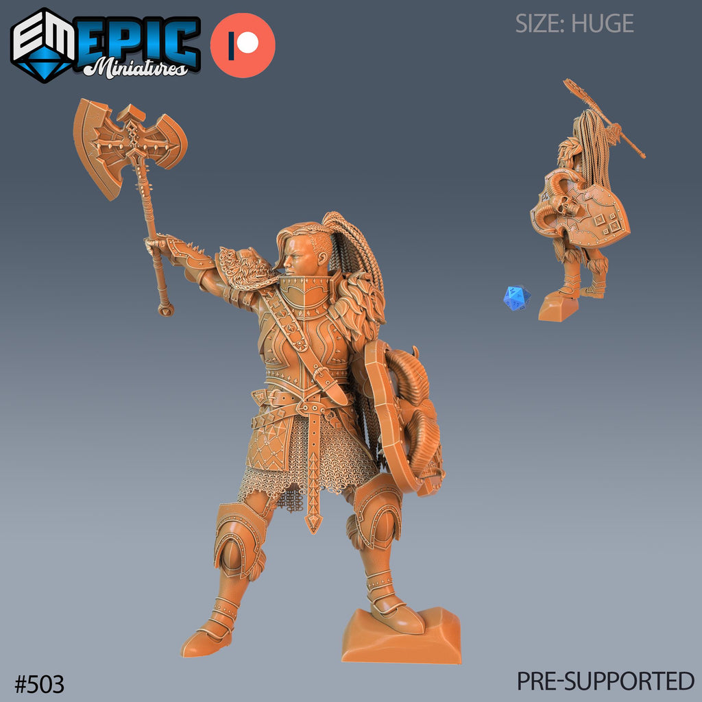 Fire Giantess Set of 3 DND Minis | Inferno Island Collection | TTRPG | Armor Axe Nautical elemental Chult Coast Firefinger Netherdeep Option #503 front DND miniature  16k resin