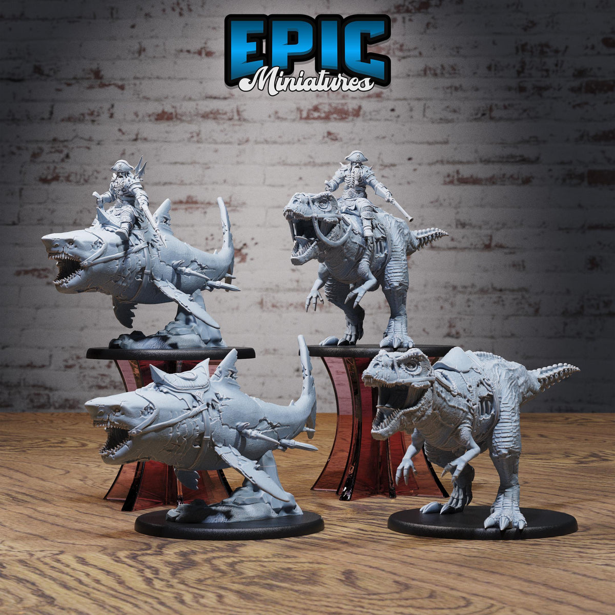 Cursed Captain T-rex Shark Set of 4 DND miniatures group photo Pirate Scourge