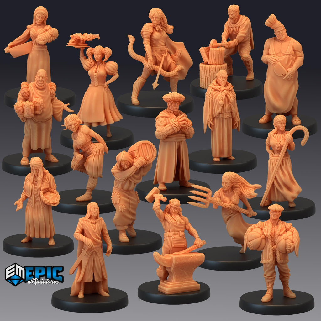 Villager Set of 16 DND Minis | Villager Collection | TTRPG | Blacksmith Innkeeper Waitress Farmer Huntress Shepherd Merchant Jester Priest DND miniatures group photo