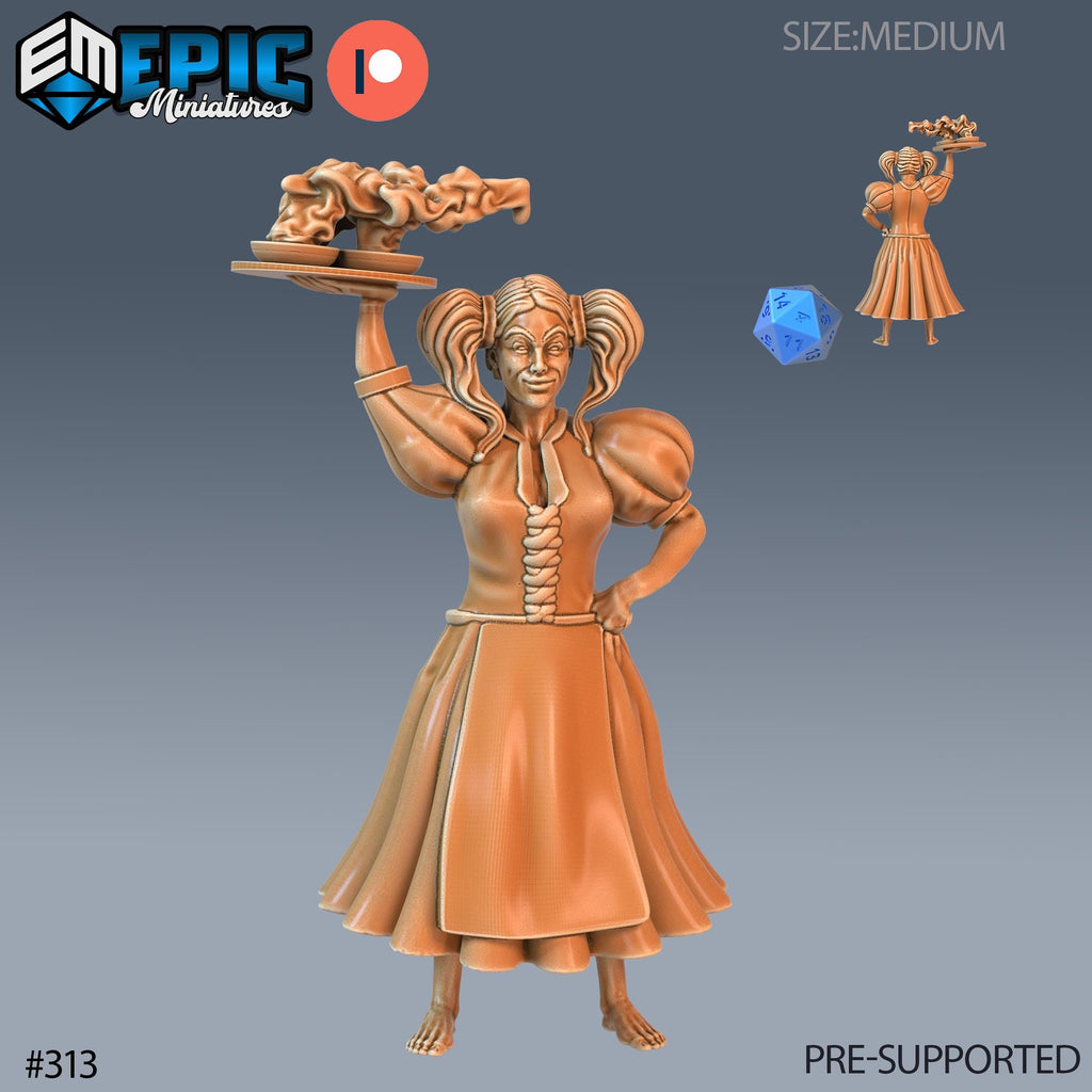 Villager Set of 16 DND Minis | Villager Collection | TTRPG | Blacksmith Innkeeper Waitress Farmer Huntress Shepherd Merchant Jester Priest Waitress front DND miniature  16k resin