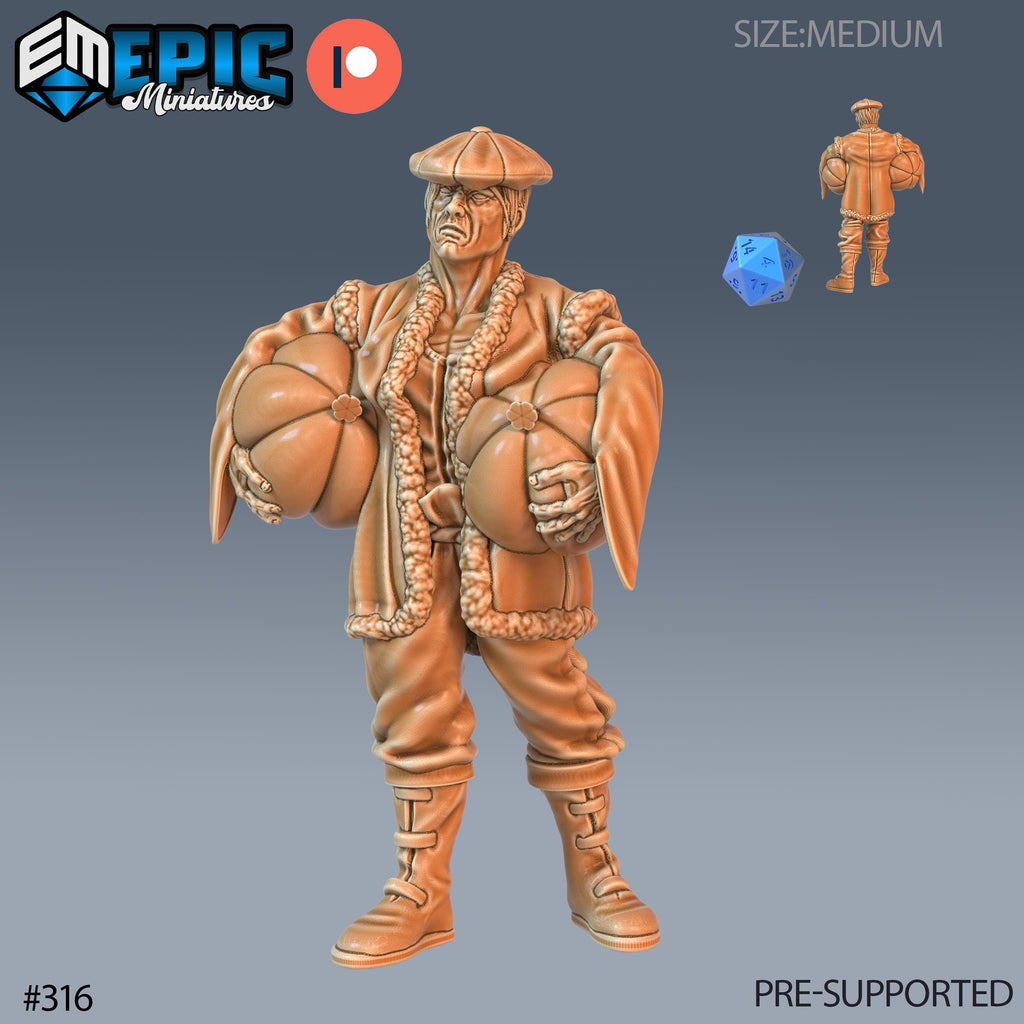 Villager Set of 16 DND Minis | Villager Collection | TTRPG | Blacksmith Innkeeper Waitress Farmer Huntress Shepherd Merchant Jester Priest Pumpkin Farmer front DND miniature  16k resin